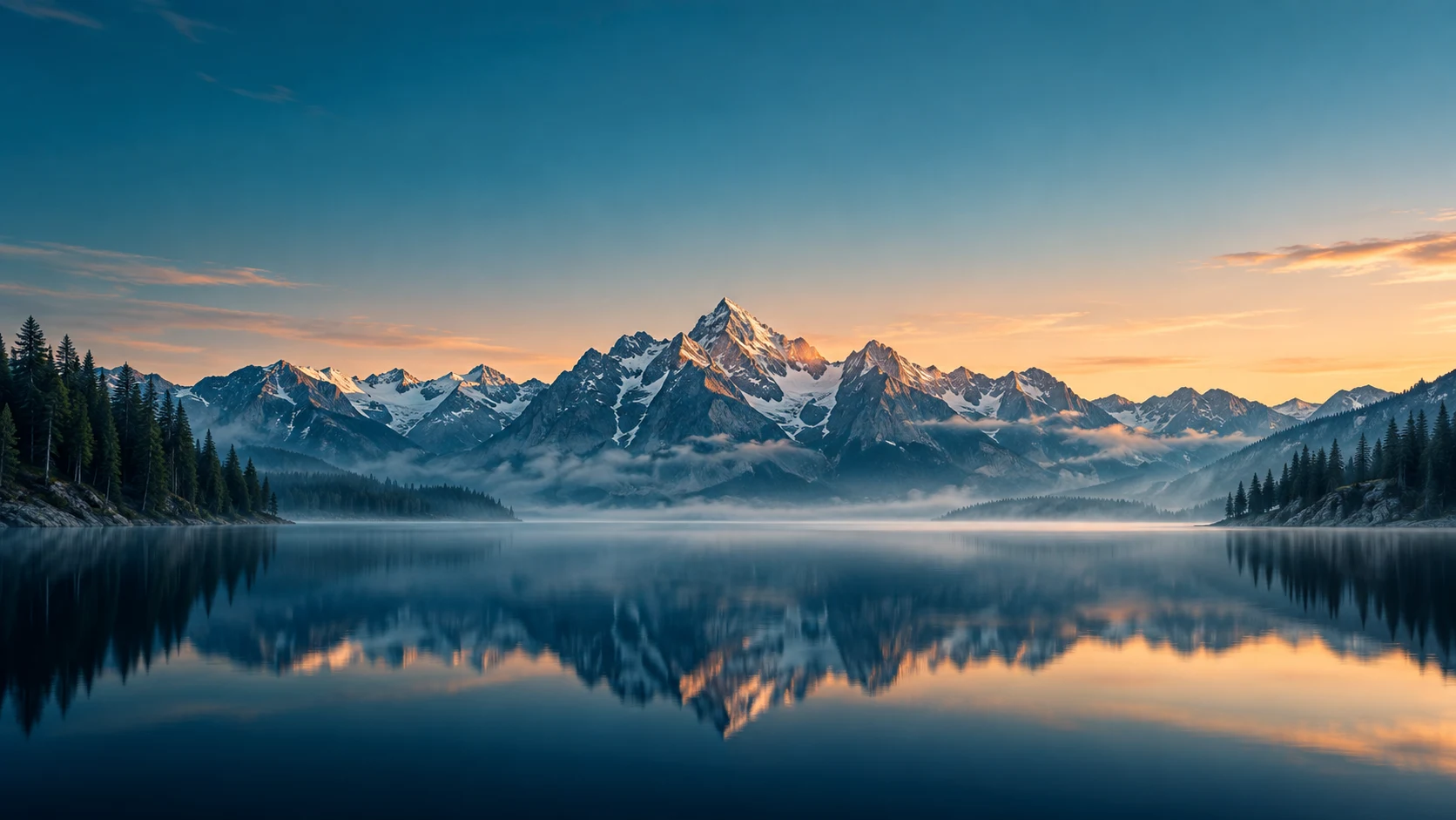 Alpine peaks reflected in a still lake at sunrise